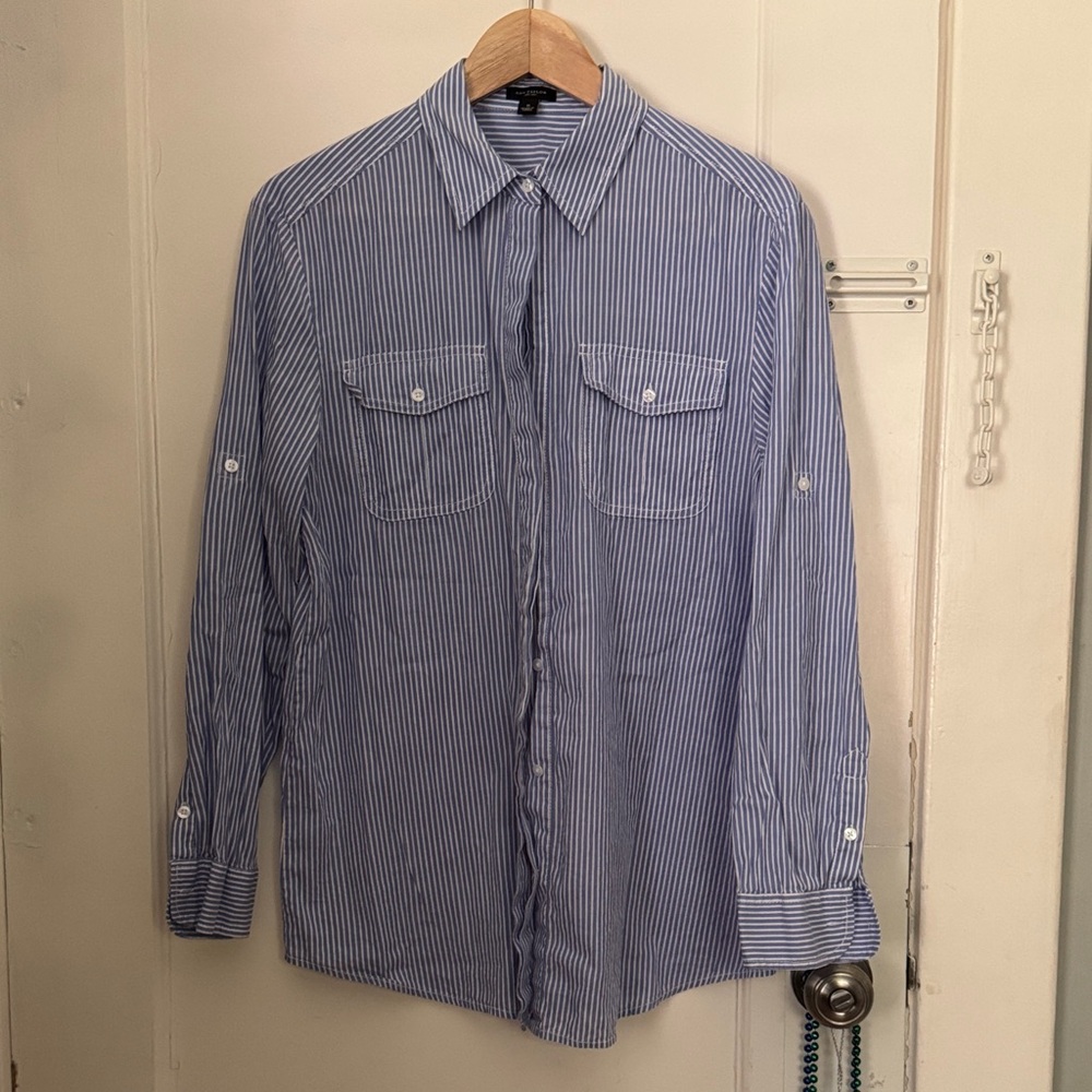 Ann Taylor Men's Blue and White Striped Button Down Shirt